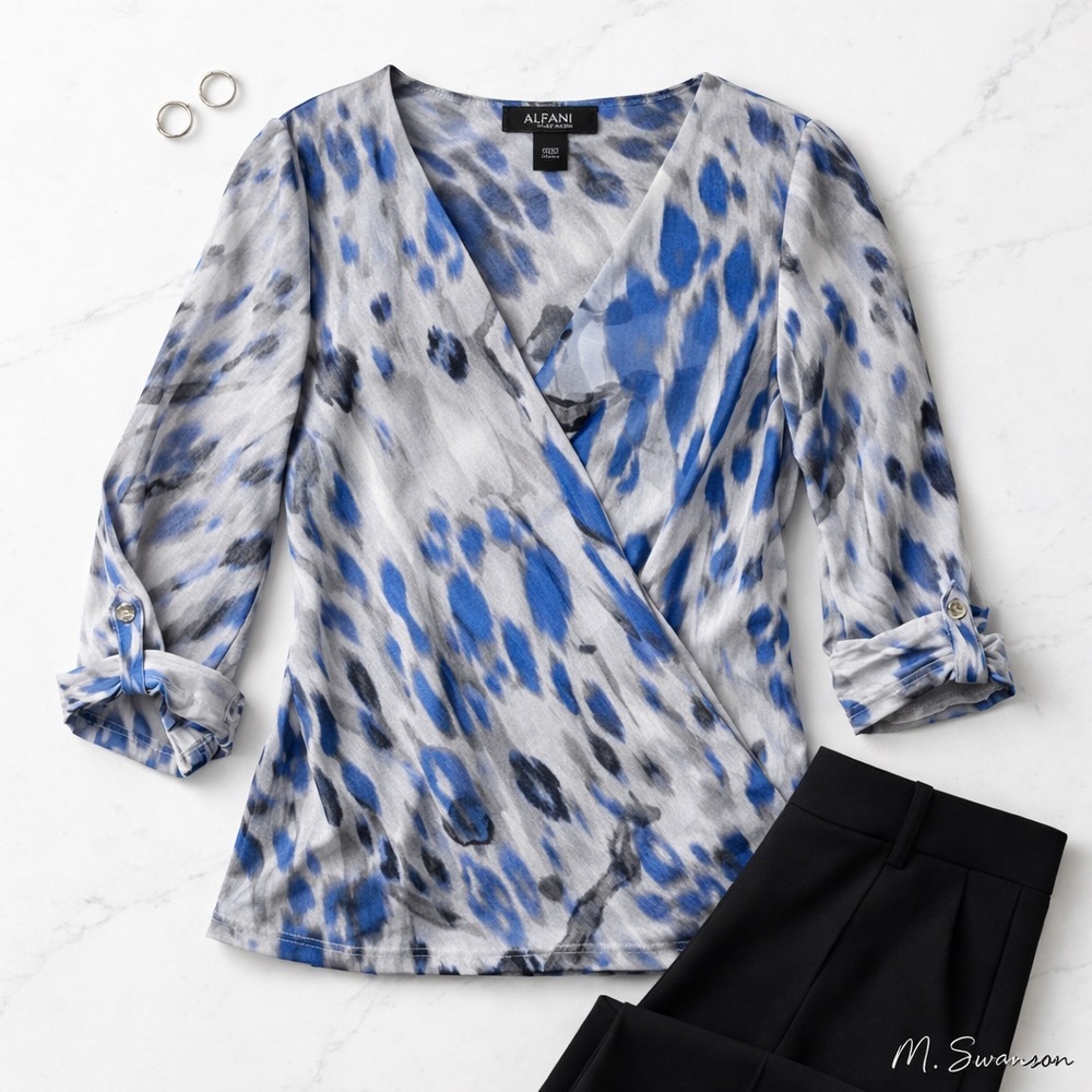 Alfani Petite Large Abstract Print Blouson Blouse Blue Gray Lined NWOT